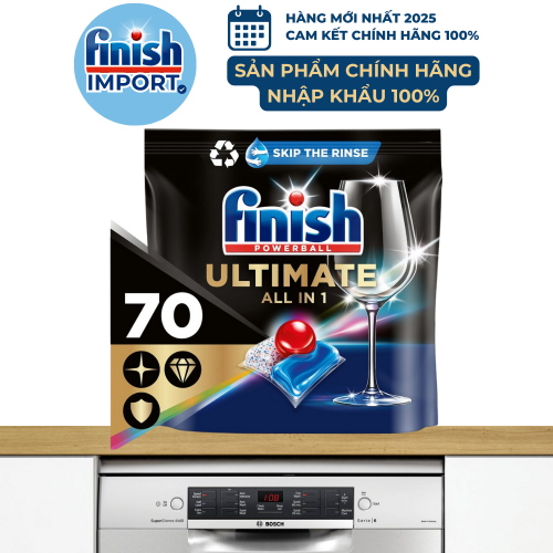 Túi 70 viên Finish Quantum Ultimate All in 1 2023, hàng Đức, siêu cao cấp, 16 tính năng/viên, phù hợp máy rửa chén 13-15 bộ